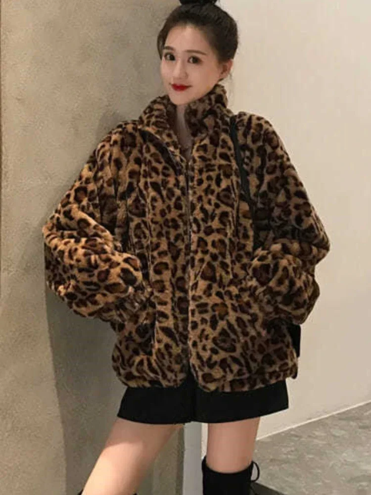 Top Trends: Faux Fur Coat 2023 Winter New Leopard Print Jacket Womens Stand Collar Warm Parkas Loose Vintage Leopard Print Plush Coats Shoppable Styles