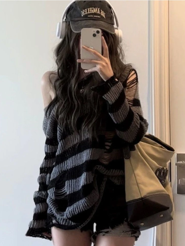 Top Trends: Deeptown Gothic Streetwear Striped Knitted Sweater Women Harajuku Punk Hollow Out Jumper Hole Loose All-match Tops Grunge E-girl Shoppable Styles