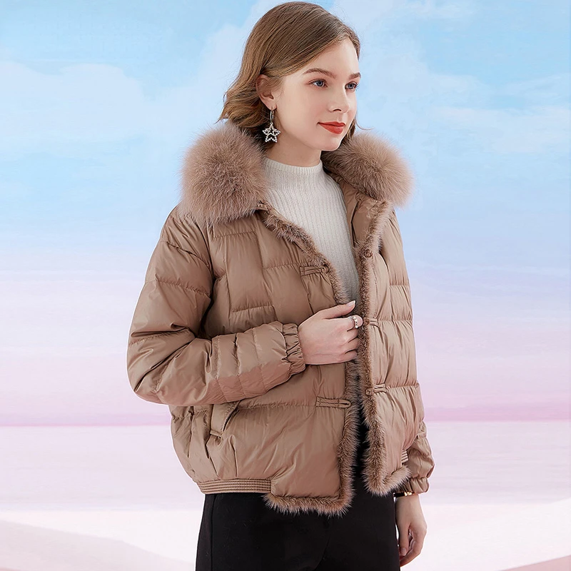 Top Trends: 2023 New Winter Women Real Fox Fur Collar 90% White Duck Down Coat Female Short Warm Button Parkas Casual Puffer Jacket Coats Shoppable Styles