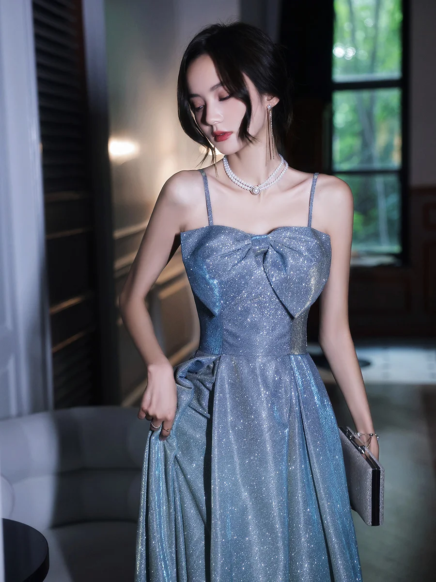 Top Trends: Shiny Starry Sky Blue Spaghetti Straps Prom Dress Bow Tie Off Shoulder Long Dress 2023 New Suspender Formal Party Gowns Shoppable Styles