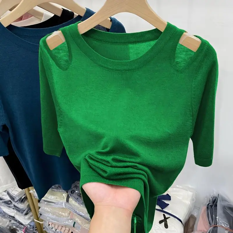 Top Trends: Hollowed Out Off Shoulder All-match Knitted T-Shirt Summer Short Sleeve Pullover Tees Korean Fashion Vintage Women Casual Tops Shoppable Styles