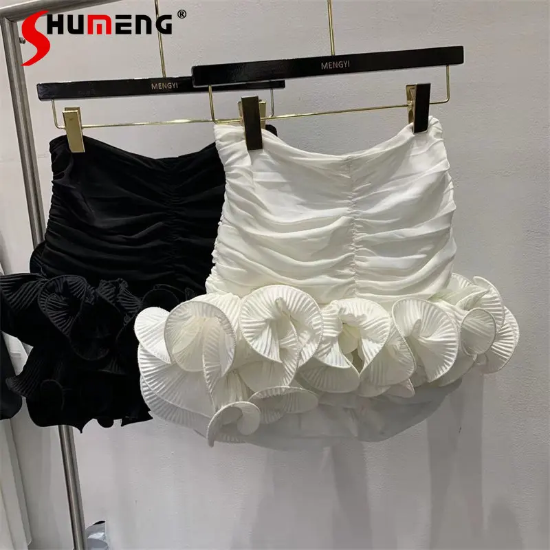 Top Trends: Irregular Three-Dimensional Pleated Edge Short Skirt Women&#039;s High Waist Slimming Hip Mini Skirt Summer White Black Skirts Shoppable Styles