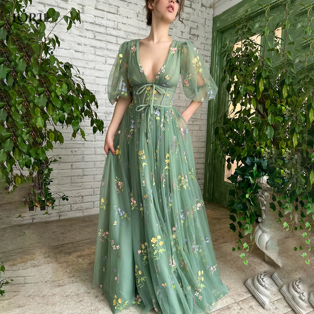 Top Trends: LORIE Forest Green Fairy Lace Prom Party Dresses Puff Sleeves A-Line Foraml Graduation Gowns Pleat Appliques Evening Dance Dress Shoppable Styles