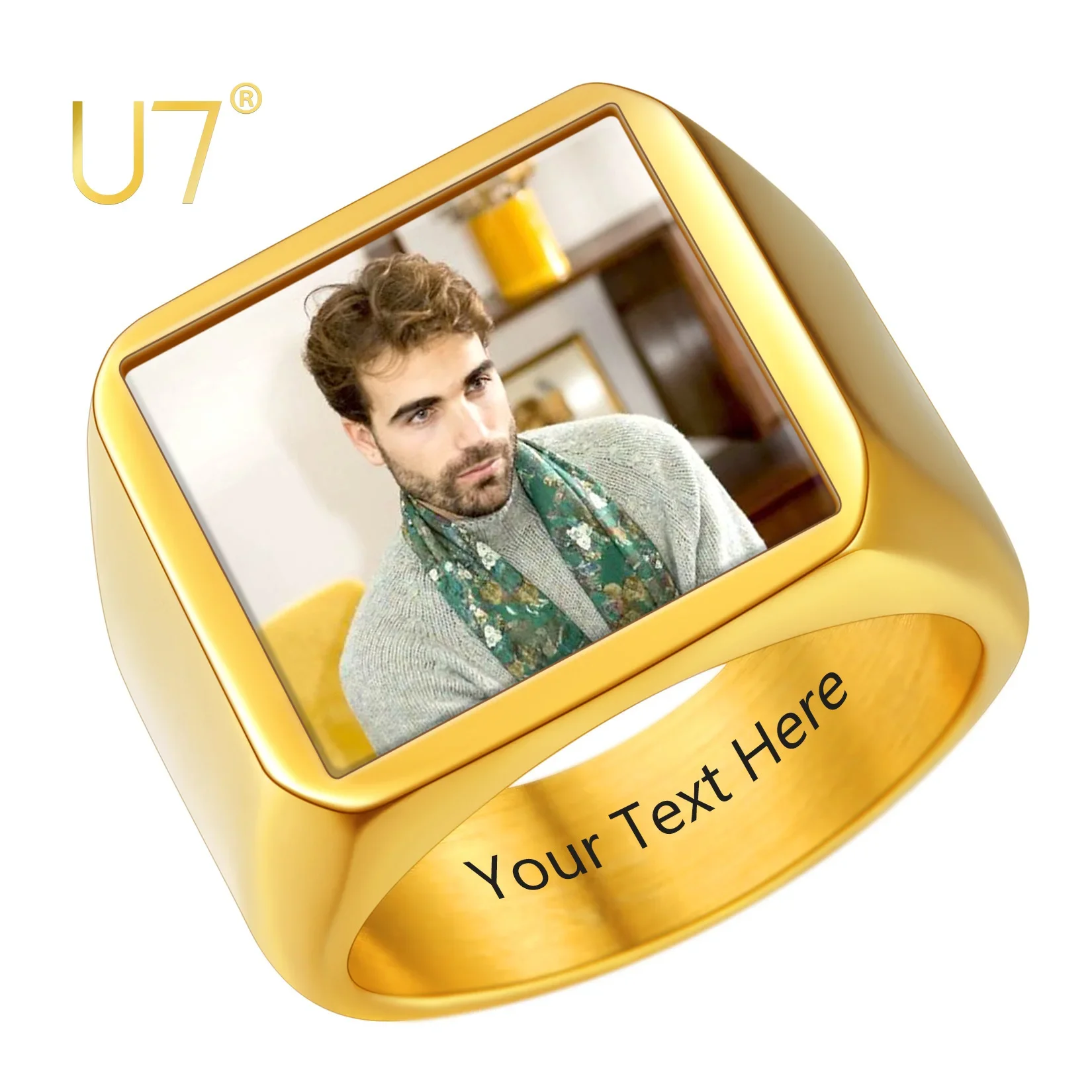 Top Trends: U7 Personalized Signet Ring For Men Stainless Steel Family Photo Name Laser Engrave Customized Square Round Heart Ring Size 7-14 Shoppable Styles