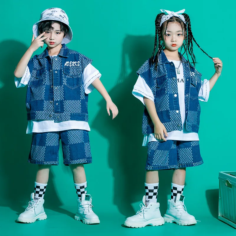 Top Trends: Kid Kpop Hip Hop Clothing Checkered Sleeveless Jacket Denim Vest Top Summer Jeans Shorts For Girl Boy Jazz Dance Costume Clothes Shoppable Styles