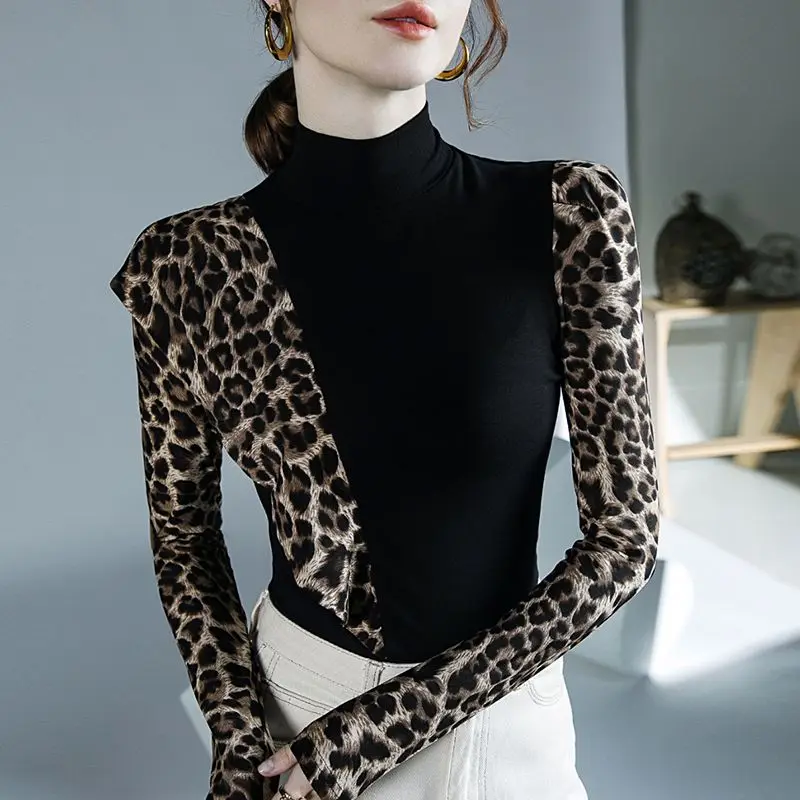 Top Trends: Women&#039;s Clothing Leopard Spliced Vintage Half High Collar Tops 2023 Spring Autumn New Female Fashion Slim Long Sleeve T-shirt Shoppable Styles