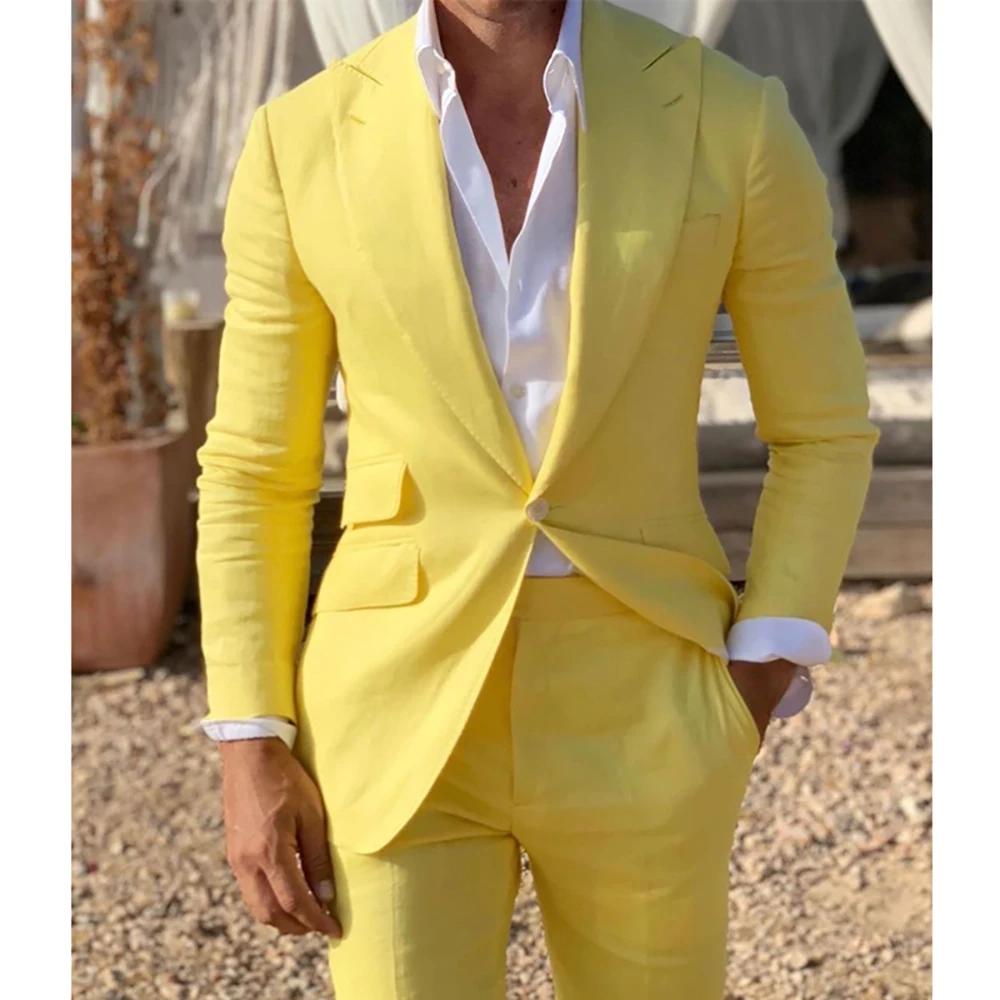 Top Trends: Men Suit Yellow Linen Beach Slim Fit 2 Piece Wedding Groom Tuxedo With Peaked Lapel Male Fashion Costume Blazer With Pants Shoppable Styles - Image 3