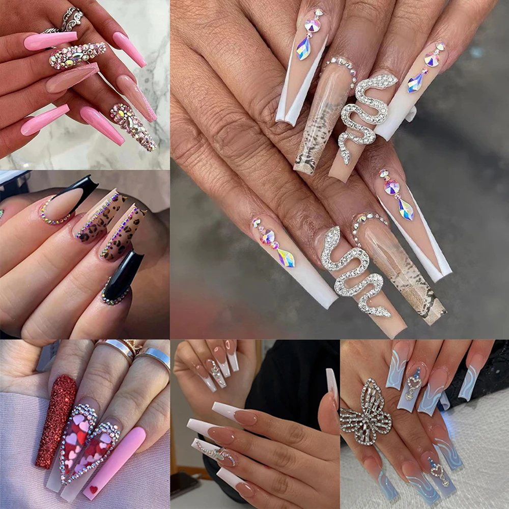 Top Trends: 24pcs Artifical Fake Nails Long Coffin French Ballerina Wearable False Nail Tips Finished Rhinstones Flower Design Press On Nail Shoppable Styles