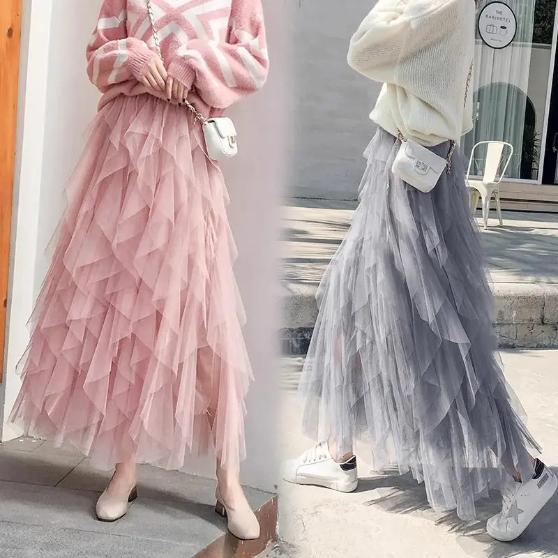 Top Trends: Tutu Tulle Long Maxi Skirt Women Fashion Korean Cute Pink High Waist Pleated Skirt Mesh Female Lady Aesthetic Faldas Shoppable Styles