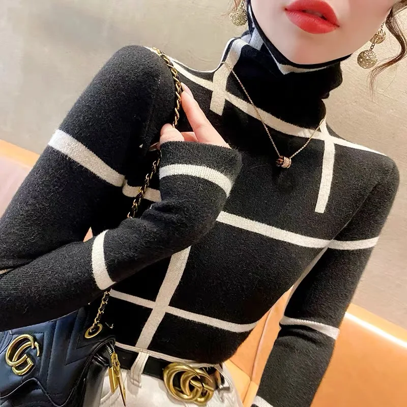 Top Trends: Women&#039;s Jumper Turtleneck Slim Striped Elastic Sweaters Lady Street Fashion Inside Simple All-macth Tops Knitted Y2K Pullovers Shoppable Styles