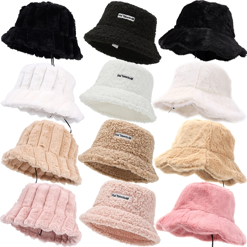 Top Trends: Solid Striped Ruffled Bucket Hat Women Lamb Wool Faux Fur Fisherman Hats Girls Outdoor Winter Warm Bowl Cap Buckets Sun Caps Shoppable Styles