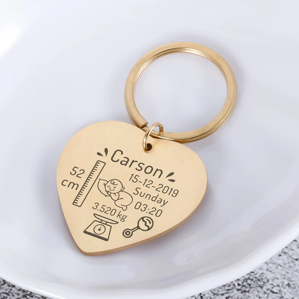 Top Trends: Custom Birth Information Keychain For Child Personalised Stainless Steel Gold Heart Engraved Name Keyring For Baby Jewelry Gift Shoppable Styles