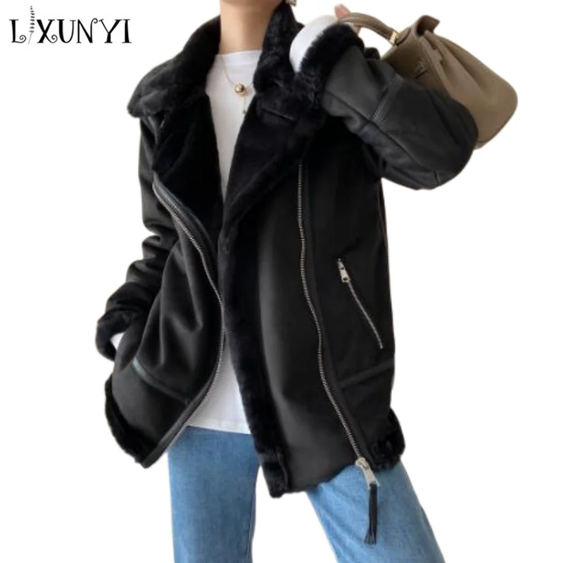 Top Trends: LXUNYI Shearling Coat Women 2023 Thick Warm Long Sleeve Loose Motorcycle Jacket Plush Korean Winter Ladies Suede Oversize Beige Shoppable Styles