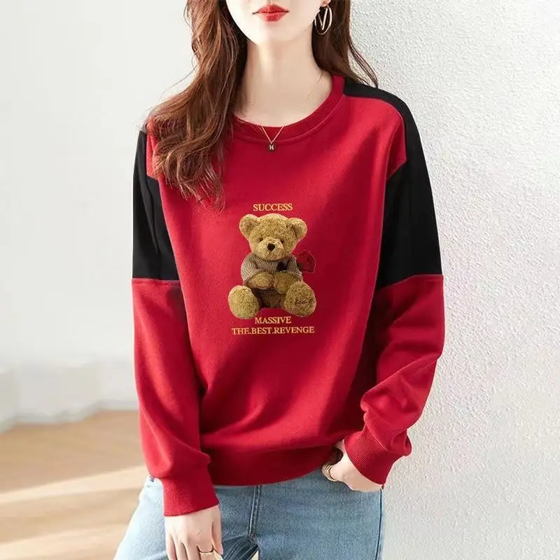 Top Trends: 2023 New Spring And Autumn Fashion Casual Loose Simple Round Neck Panel Contrast Little Bear Print Versatile Oversize Sweater Shoppable Styles