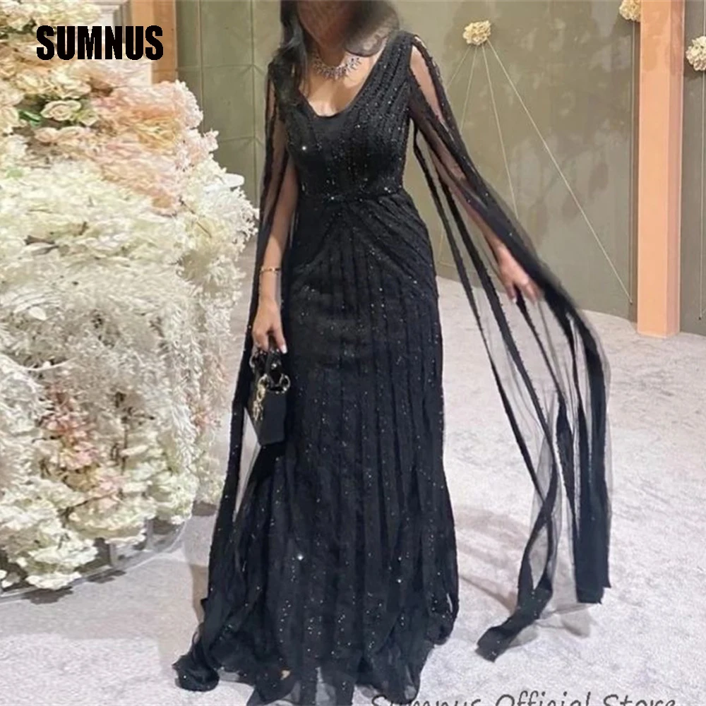 Top Trends: SUMNUS Luxury Elegant Mermaid Evening Party Dress Black Arabic Long V-Neck With Cape Sequined Formal Prom Dresses Robe De Soiree Shoppable Styles