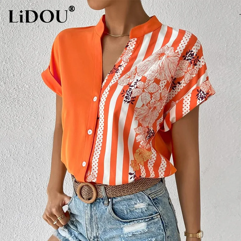 Top Trends: Summer New Streetwear Casual Fashion Patchwork Printing Casual Shirt Female Short Sleeve Loose All-match Trend Top Women Blouse Shoppable Styles