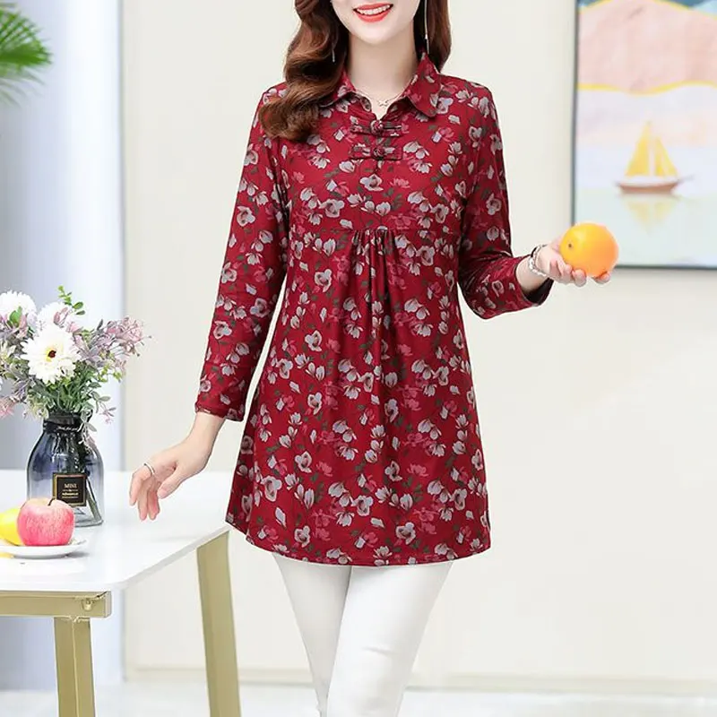 Top Trends: Female Clothing Vintage Broken Flowers Shirt Casual Folds Spliced Spring Autumn Polo-Neck Folk Chinese Disc Buckle Midi Blouse Shoppable Styles