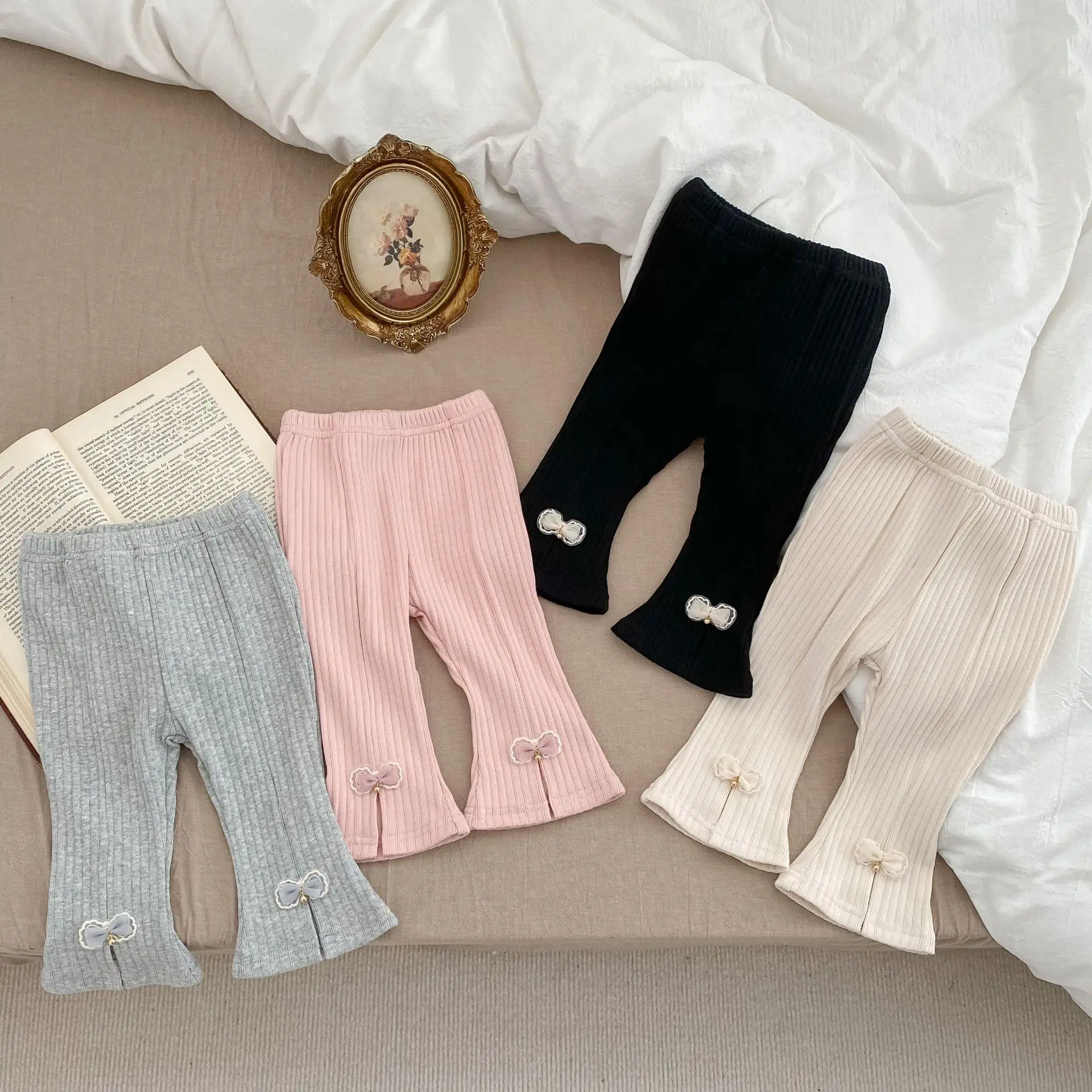 Top Trends: Autumn New Baby Girls Ribbed High Waisted Trousers Cute Infant Bow Flared Pants Toddler Tights Casual Pants Children Leggings Shoppable Styles