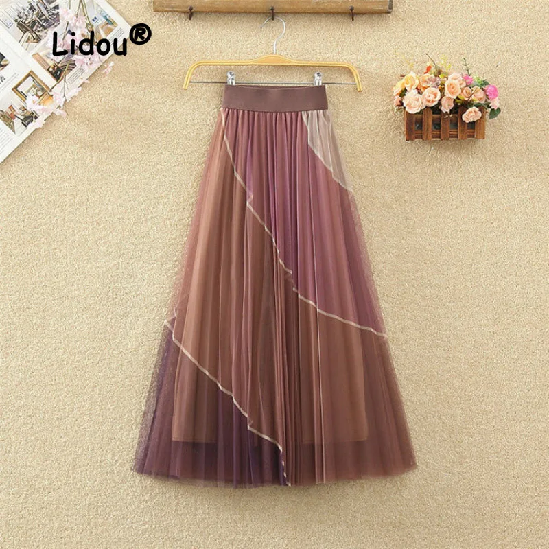 Top Trends: Mesh Skirt Elastic Waist Slim A-line Mid Length Pleated Skirt With Contrasting Color Stitching Women Comfortable Skirt 2023 Shoppable Styles