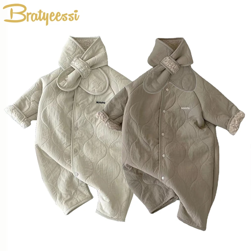 Top Trends: 2Pcs Baby Jumpsuit Scarf Set Autumn Winter Korean Toddler Outfit Suit Lamb Wool Loose Newborn Onesie Infant Boy Girl Clothes Shoppable Styles