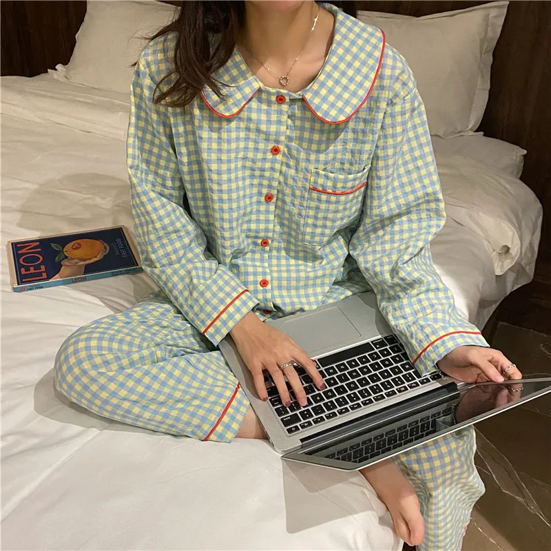 Top Trends: Korean Style Sweet Beige Grid Student Homewear Set 2023 New Long Sleeved Pants Cute Pajamas Suit For Women's Autumn Shoppable Styles