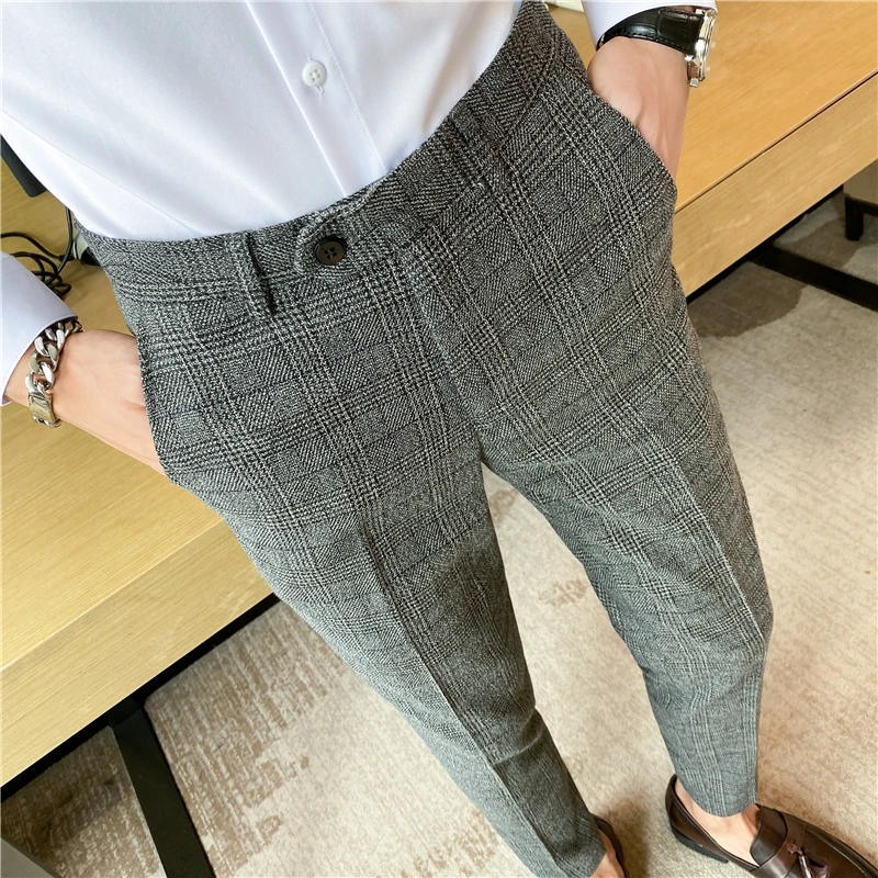 Top Trends: 2023 Chic Coffee Blue Grey Pants Men Elegant Slim Fit Plaid Suit Trousers Pants For Men Office Party Trousers Mens Dress Pants Shoppable Styles