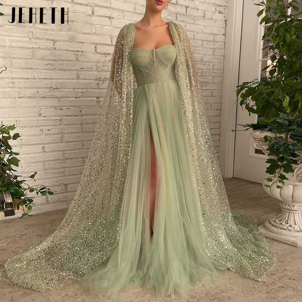 Top Trends: JEHETH Sage Green A-Line Prom Dresses With Glitter Sequin Lace Cape Sweetheart High Slit Tulle Evening Gowns Formal Party Gown Shoppable Styles