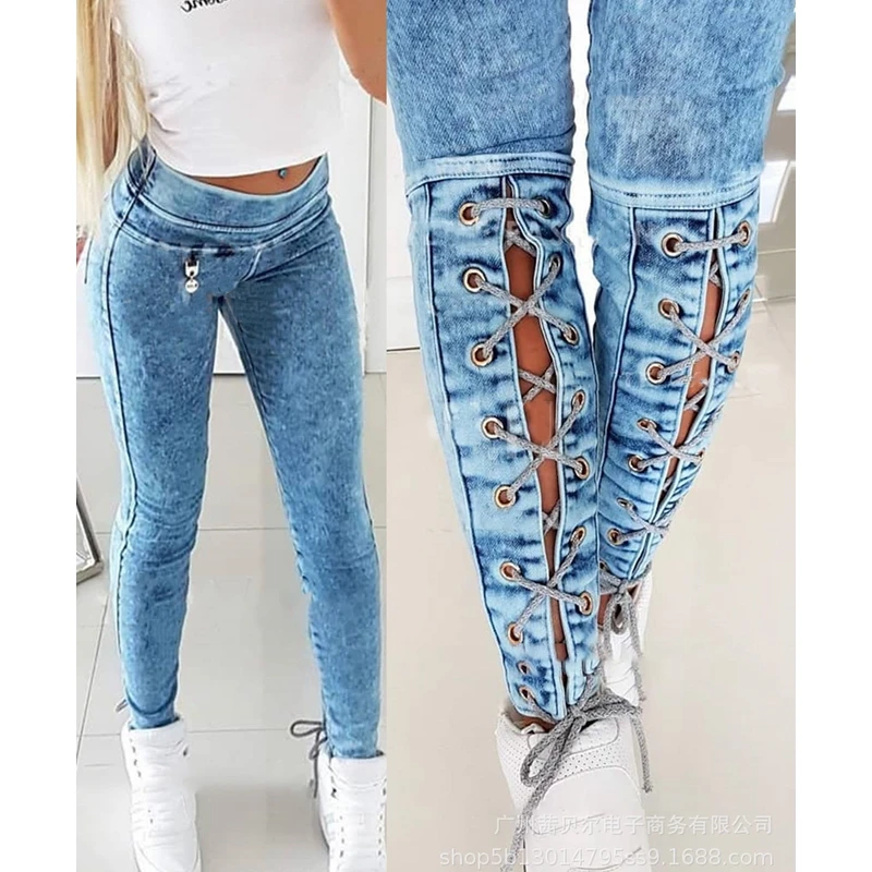 Top Trends: Jeans For Women Slim-Fit Lace Up Jeans For Women Spring Autumn Fashion Mid Waist Denim Pencil Pants Streetwear Jeans Trousers Shoppable Styles