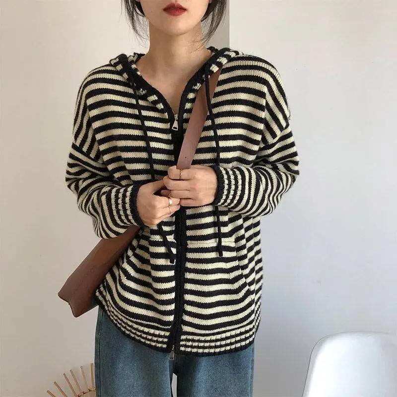 Top Trends: Autumn New College Style Stripe Hooded Sweater Coat Women&#039;s Contrast Color Zipper Pockets Loose Lazy Long Sleeved Knit Cardigan Shoppable Styles