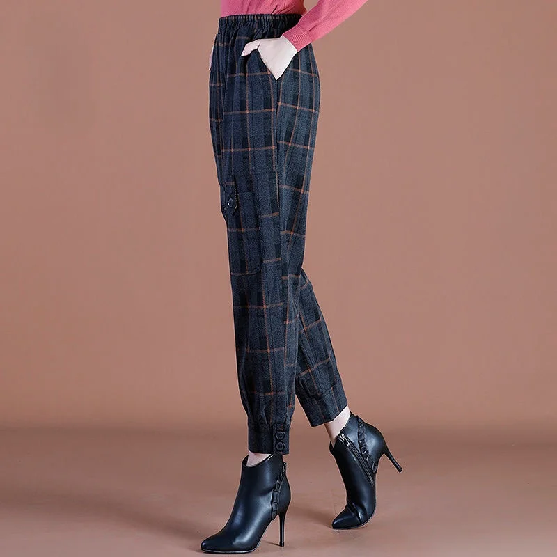 Top Trends: Original Design Print Plaid Woolen Lantern Pants Women Autumn New Elastic Waist Pockets Loose Buttons Versatile Straight Trouser Shoppable Styles - Image 4