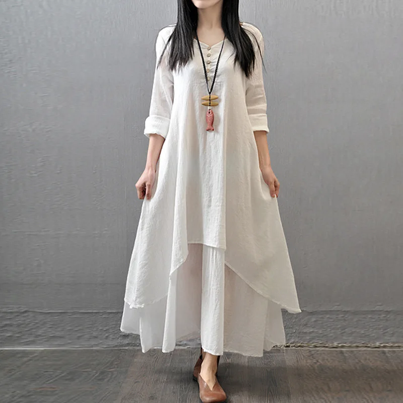 Top Trends: 2023 Summer Literary Vintage Cotton Linen Irregular Dress Ladies Round Neck Loose Casual Robe Femme Solid 3 / 4 Sleeve Vestidos Shoppable Styles