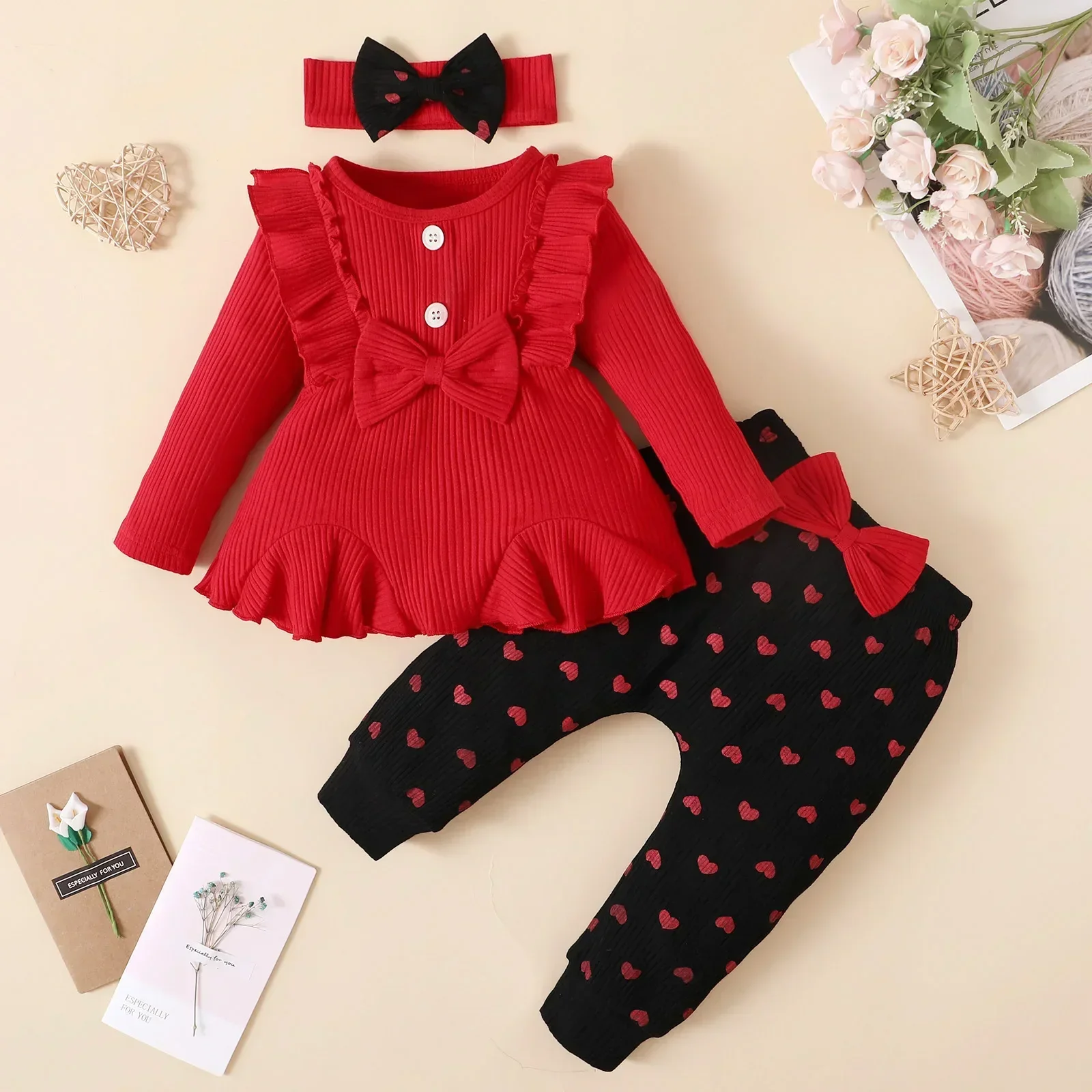 Top Trends: 3Pcs Toddler Baby Girl Clothes Sets Bowknot Red Top Love Printed Trousers Casual Infant Outfits Newborn Baby Clothes 3M 6M 12M Shoppable Styles