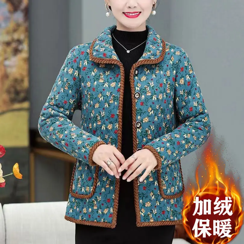 Top Trends: Mom Outfit Autumn And Winter New Lapel Cardigan Printing Button Pockets Splicing Fleece For Warmth Versatile Long Sleeves Coat Shoppable Styles