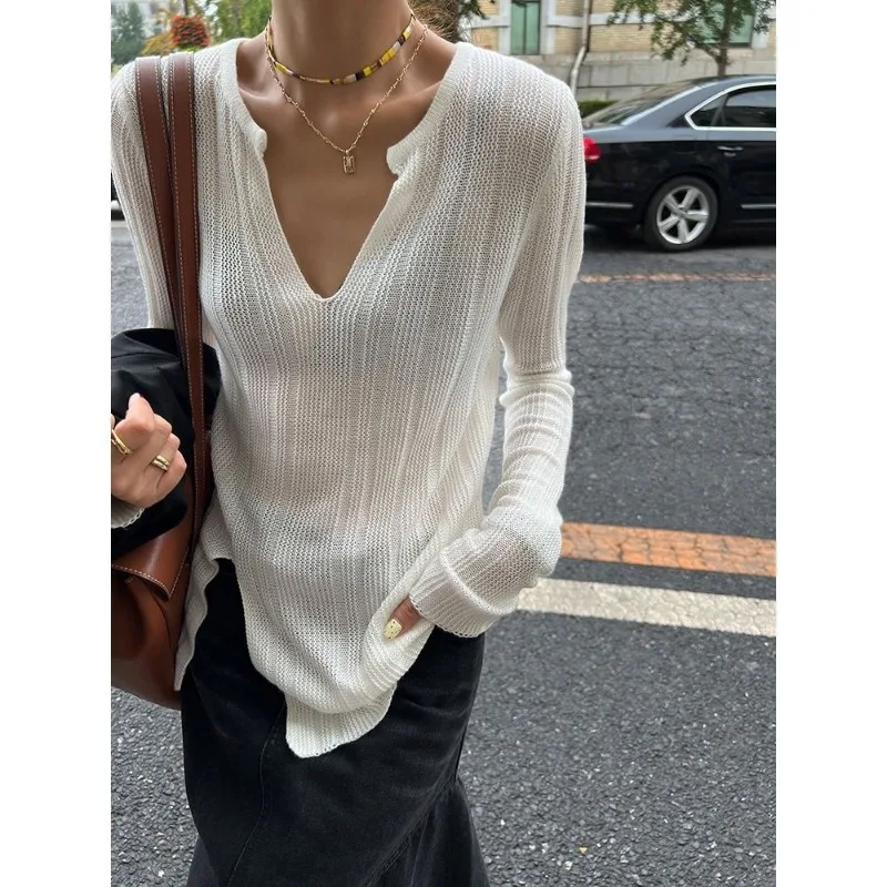 Top Trends: Deeptown Women Sweaters Elegant V-neck Old Money Style White Knitwears Korean Fashion Long Sleeve Jumpers Sexy Black Casual Chic Shoppable Styles