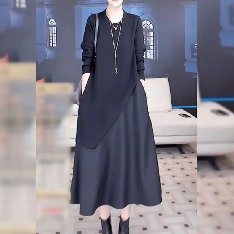 Top Trends: Fashion O-Neck Spliced Loose Fake Two Pieces Casual Dresses Women Clothing 2023 Autumn New Oversized Korean Irregular Midi Dress Shoppable Styles