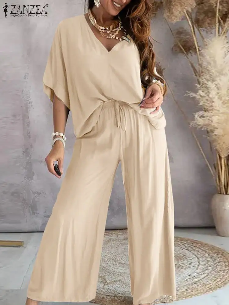 Top Trends: ZANZEA Women Casual Pant Sets Summer Loose Half Sleeve Top 2pcs Outfit Wide Leg Pant Matching Sets Solid Elastic Waist Tracksuit Shoppable Styles