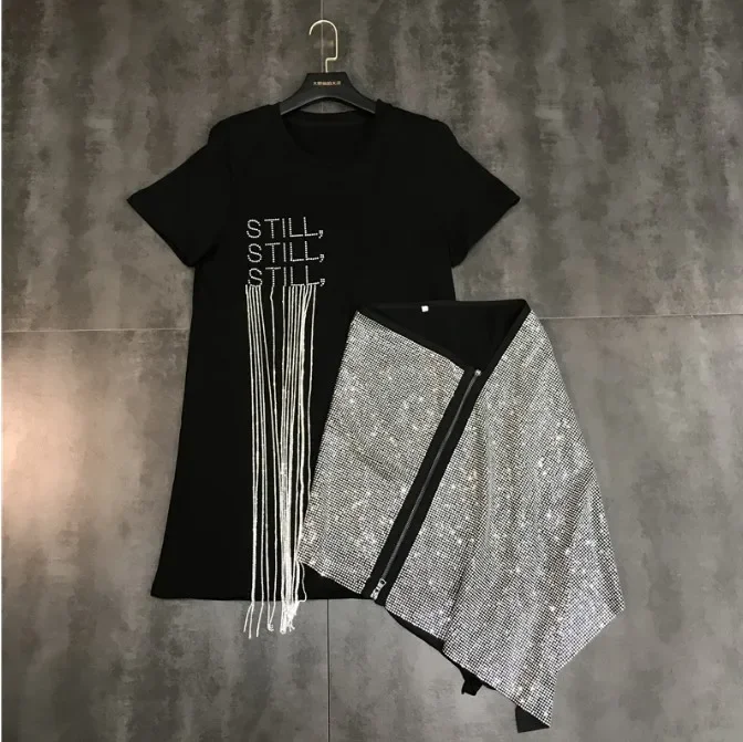 Top Trends: 2024 Spring Summer New Water Drill Chain Short Sleeve Tassel T Shirt Hot Drill Zipper Irregular Skirt Fashion 2 Piece Skirt Suit Shoppable Styles