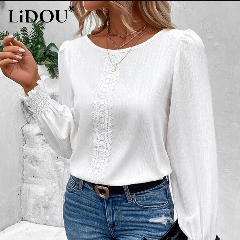 Top Trends: 2023 Spring Autumn New Solid Color Fashion Round Neck Long Sleeve Shirt Women Casual Loose Lace Patchwork Cute All-match Blouse Shoppable Styles