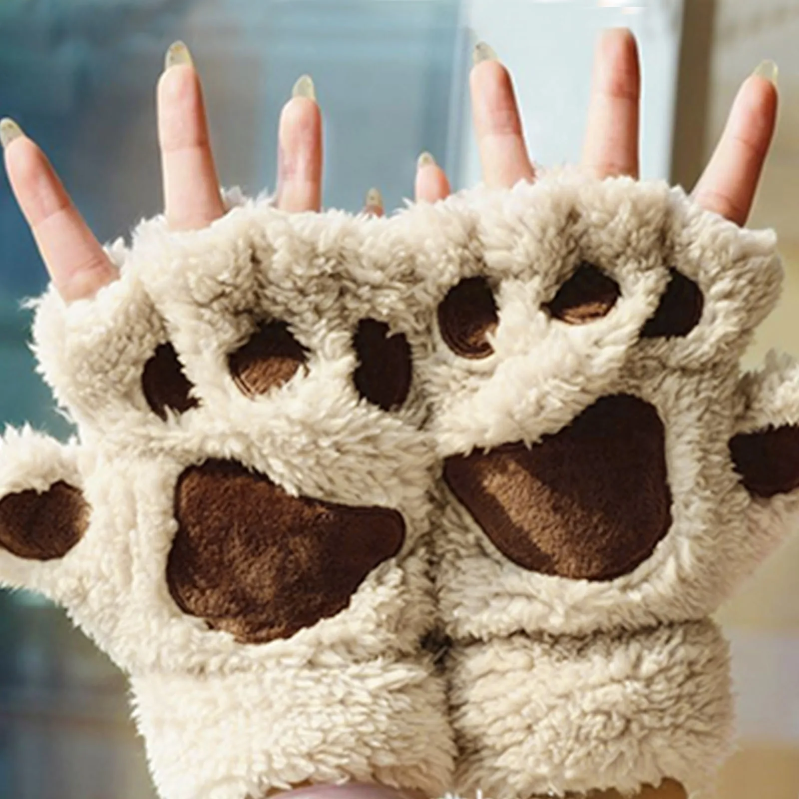 Top Trends: Women'S Cute Bear Paw Half Finger Gloves Color Block Plush Short Comfortable Gloves Ladies Winter Thickened Warm Gloves Kawaii Shoppable Styles