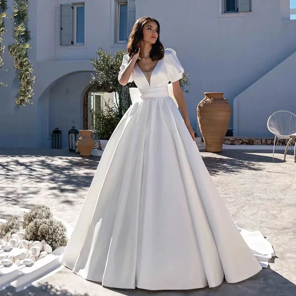 Top Trends: White Satin Wedding Dresses With Pockets 2023 Short Sleeves Puff Backless Bridal Dress For Women Robe De Mariee Customize Shoppable Styles