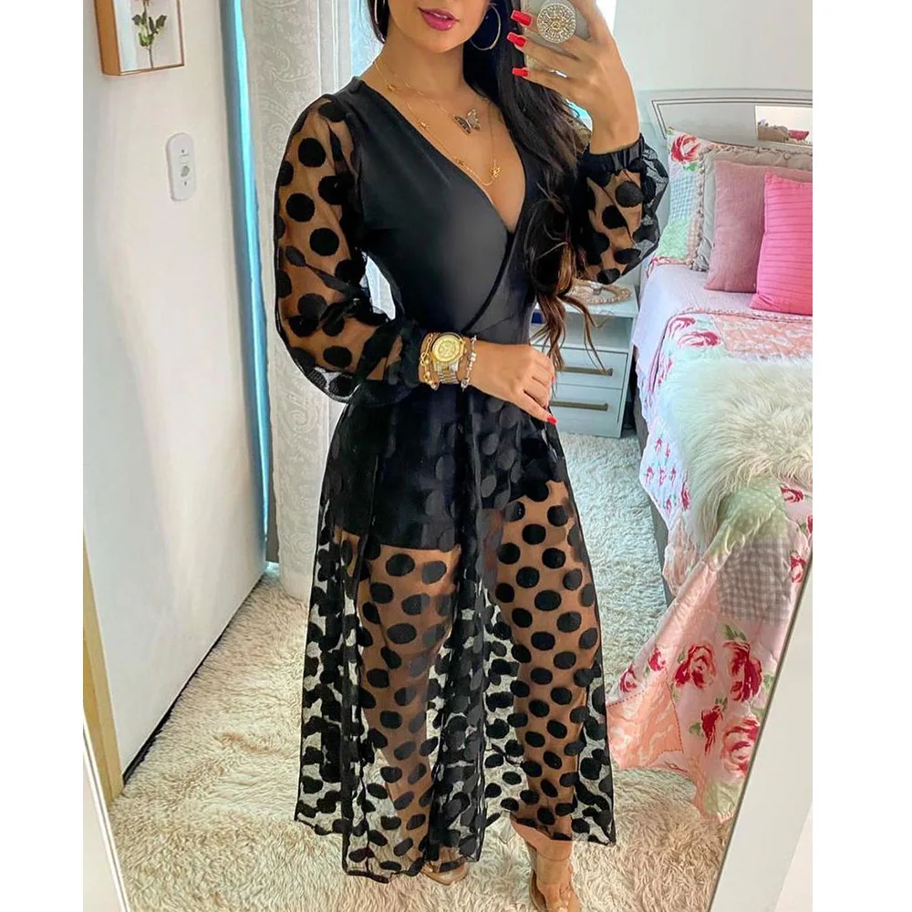 Top Trends: 2022 Women&#039;s New Clothing Spring Polkadot Print Wrap Long Sleeve Maxi Dress See Through Party Wedding Formal Elegant Boho V Neck Shoppable Styles