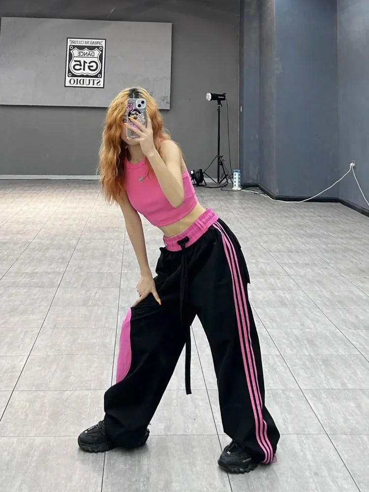 Top Trends: HOUZHOU Y2K Kpop Pink Patchwork Sweatpants Women Hippie Streetwear Oversized Baggy Wide Cargo Pants Harajuku Striped Trousers Shoppable Styles