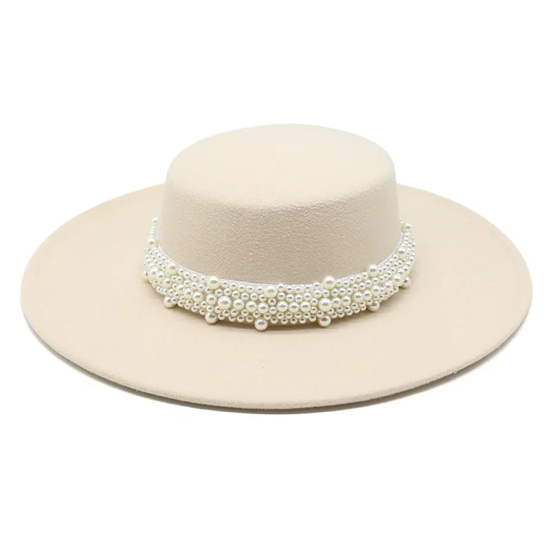 Top Trends: Spring Autumn Women's Cap Hats Bowler Round Fedoras Wide Brim Pearl With Chain Headgear Chapel Beach Wedding Picture Elegant New Shoppable Styles - Image 3