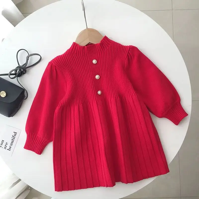 Top Trends: Girls Bubble Sleeve Woolen Dress Autumn And Winter Fashionable Red Princess Pleated Dress Little Fragrant Baby Knitted Dress Shoppable Styles