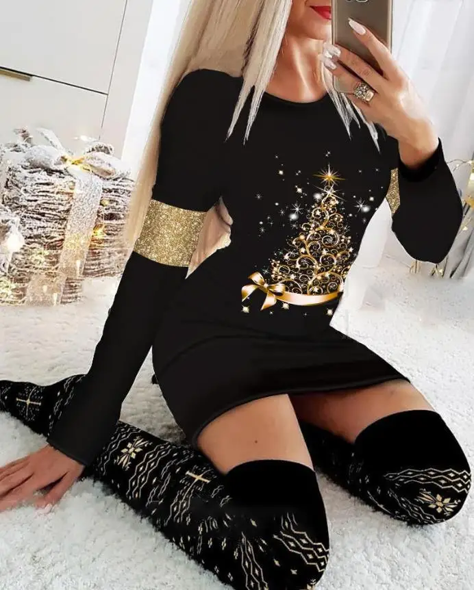 Top Trends: Christmas Dresses For Women Christmas Tree Print Long Sleeve O-neck Casual Bodycon Mini Dress 2022 Fashion Autumn Shoppable Styles