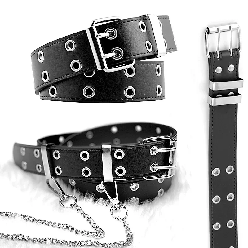 Top Trends: 2020 New Women Belt Punk Style Double Exhaust Eye Korean Jeans Fashion Chain Decoration Pu Artificial Leather Shoppable Styles