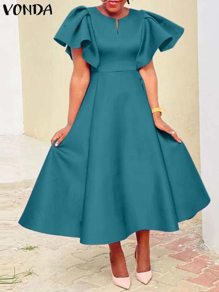 Top Trends: Summer Dress Women Elegant Satin Dress 2023 VONDA Sexy Short Sleeve Ruffled Party Midi Sundress Casual V-Neck Wedding Robe Shoppable Styles