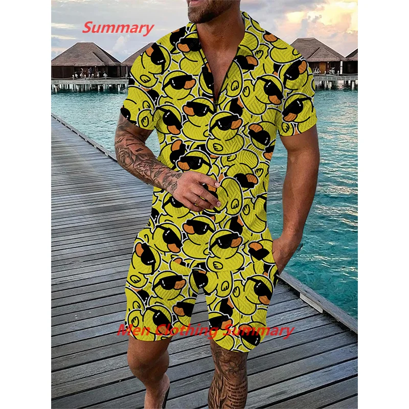 Top Trends: Summer Cartoon Duck Hawaiian Men&#039;s Polo Shirts Tracksuit Sets Zipper Lapel T-shirt Short Sleeve Male 2 Piece Outfits Men Clothes Shoppable Styles