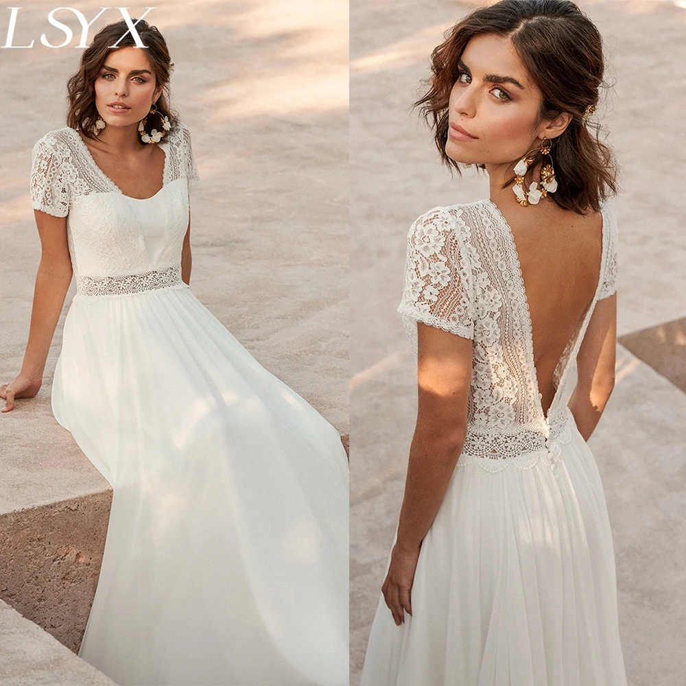 Top Trends: LSYX Chiffon V-Neck Boho Wedding Dress For Women 2024 Short Sleeves Floor Length Backless Bridal Gown Robe De Marie Custom Made Shoppable Styles