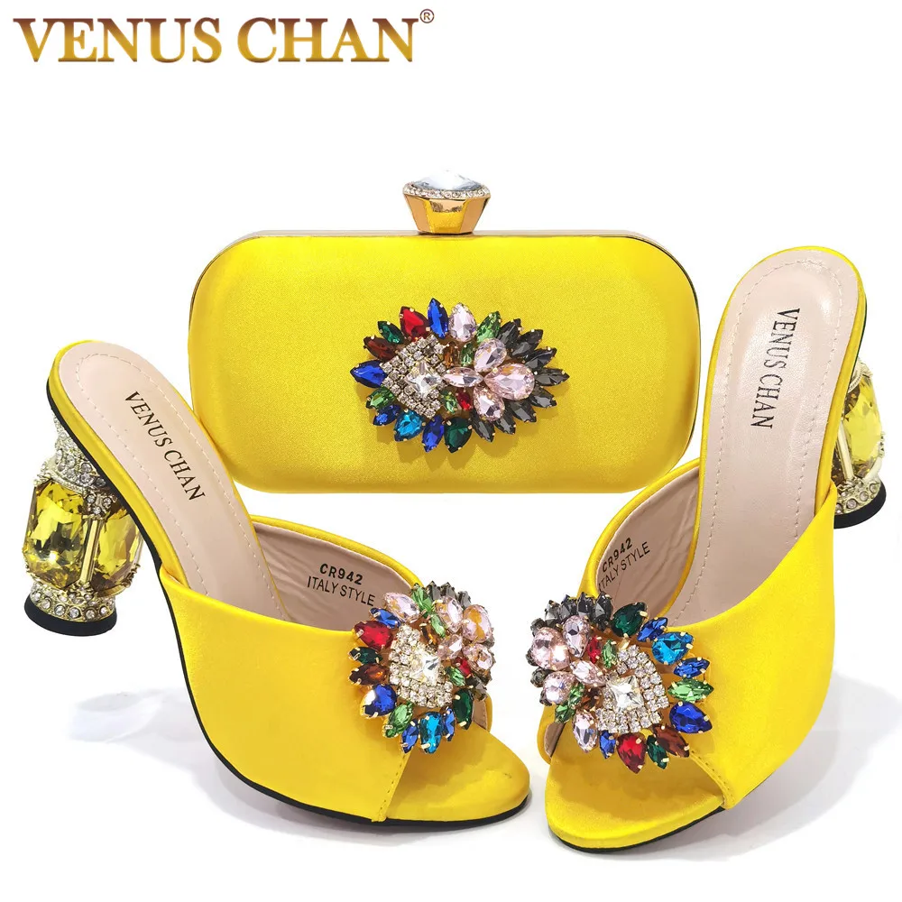 Top Trends: 2022 Yellow Color Luxury Rhinestone Heel Fashion Party Women&#039;s High Heels Elegant Evening Sandals Wedding Bags And Shoes With Shoppable Styles